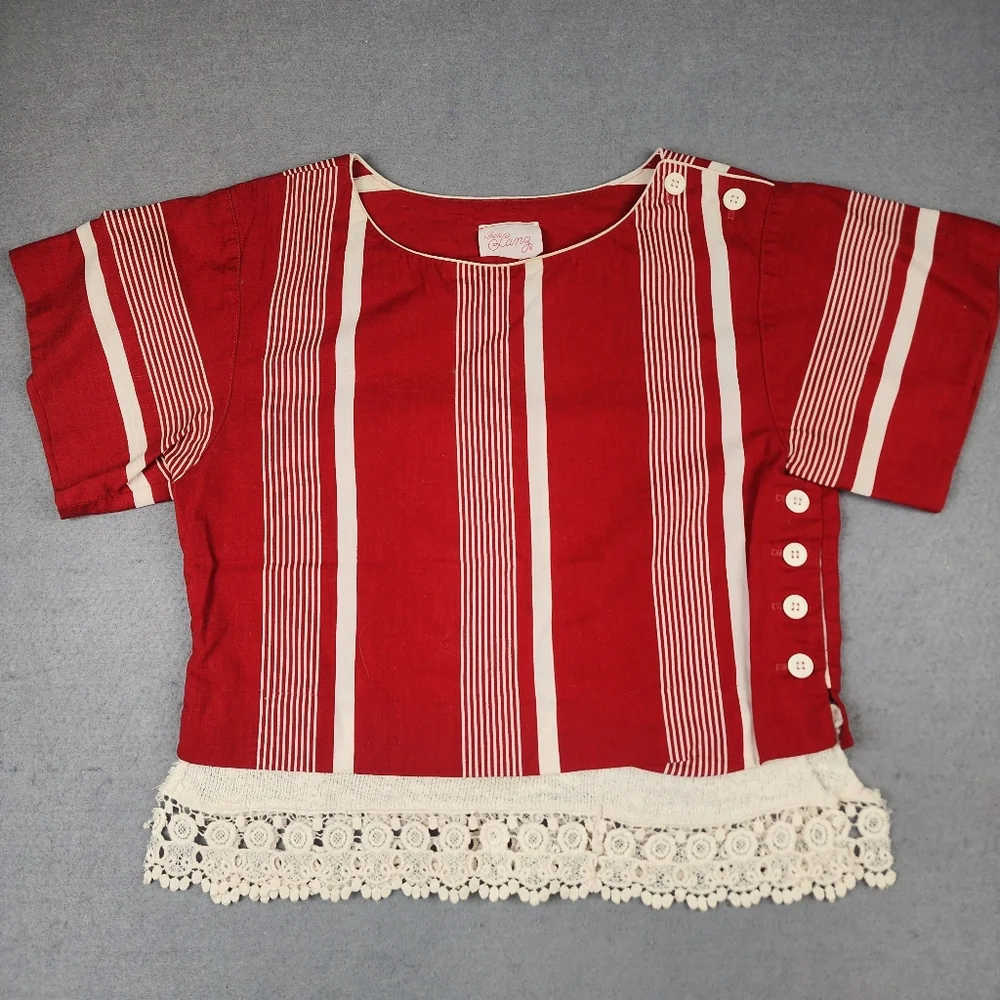 Vintage Petite Lanz Red Cream Stripe Blouse Lace - Picture 1 of 12